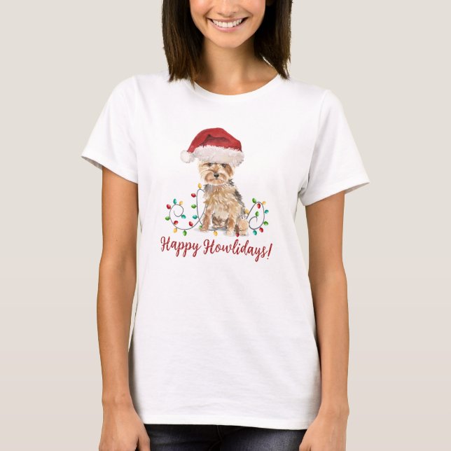 Camiseta Happy Howlidays Yorkshire Terrier Santa Hat (Frente)