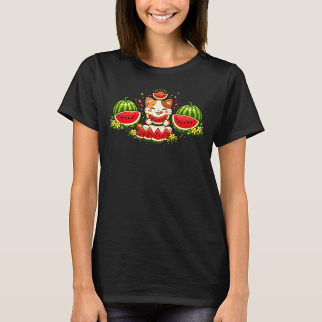 Camiseta Happy Kawaii Cat with Watermelon Illustration (Frente)