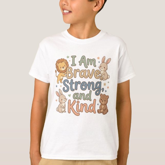 Camiseta Happy Kids Affirmation Brave Strong Kind (Frente)