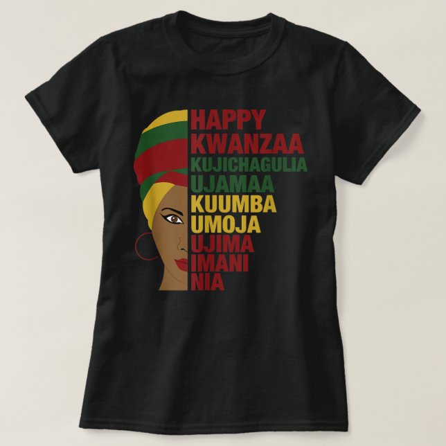 Camiseta Happy Kwanzaa African Black Woman 7 Principles (Frente do Design)