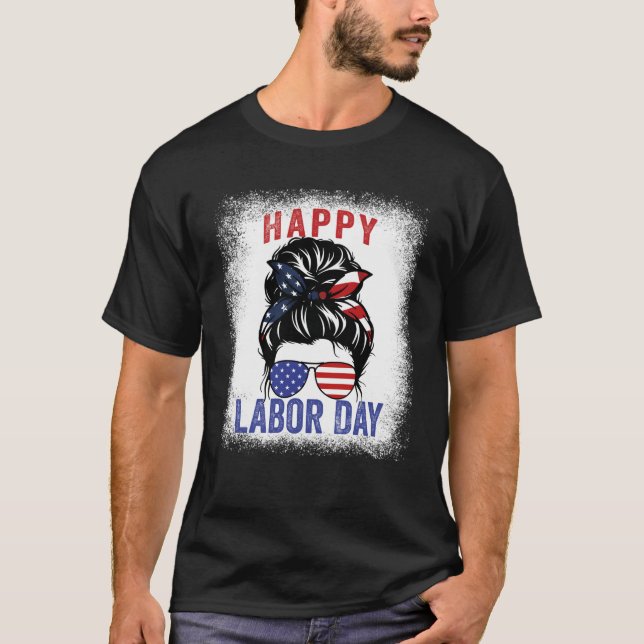 Camiseta Happy Labor Day Messy Bun USA Flag For Women Swea (Frente)
