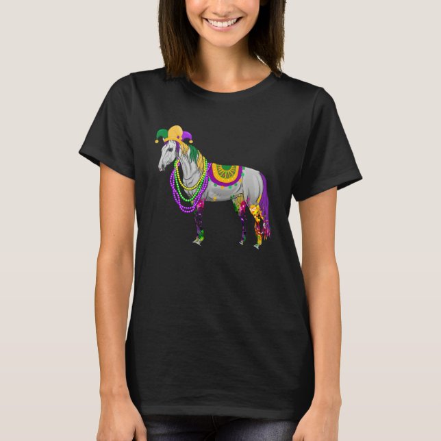 Camiseta Happy Mardi Gras Cute Horse Wearing Beads Jester H (Frente)