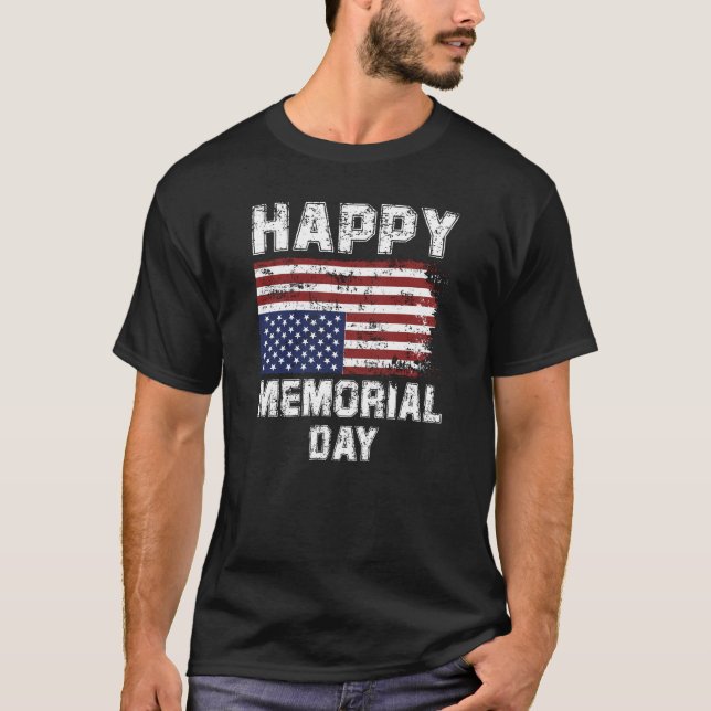 Camiseta Happy Memorial Day Grungy Text Bandeira EUA (Frente)