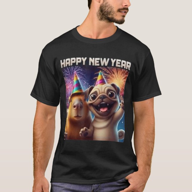 Camiseta Happy New Year 2026 Capybara Pug Party Art  (Frente)