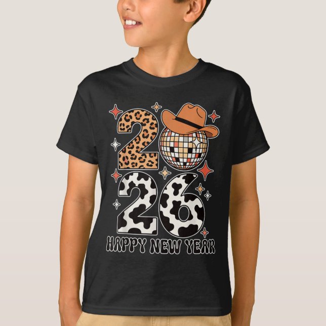 Camiseta Happy New Year 2026 Cowgirl Disco Ball Western Leo (Frente)