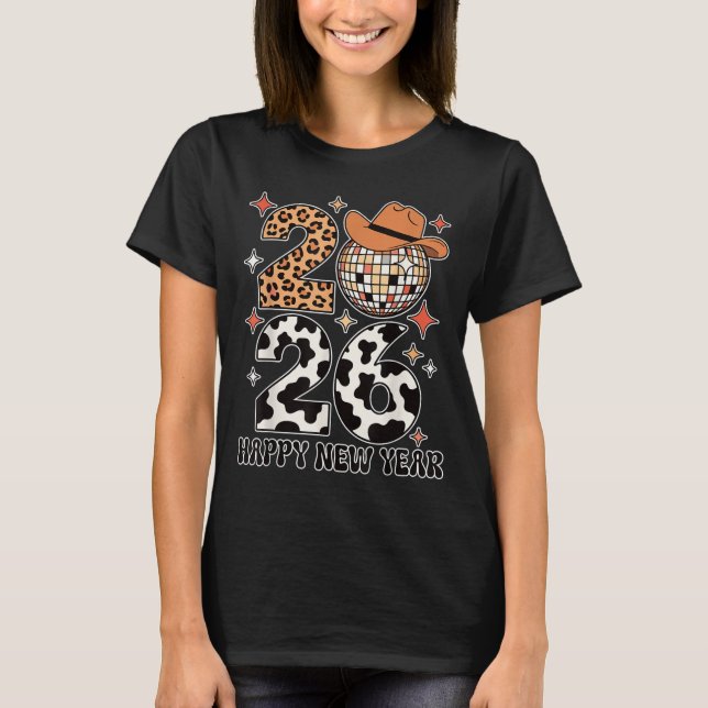 Camiseta Happy New Year 2026 Cowgirl Disco Ball Western Leo (Frente)