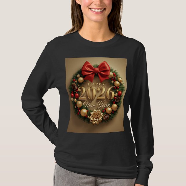 Camiseta happy new year 2026 cozy wreath long sleeve (Frente)