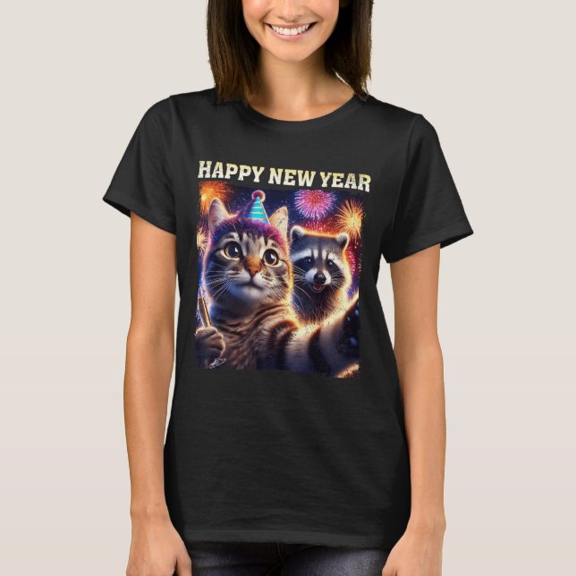Camiseta Happy New Year 2026 Cute Cat Raccoon Celebration  (Frente)