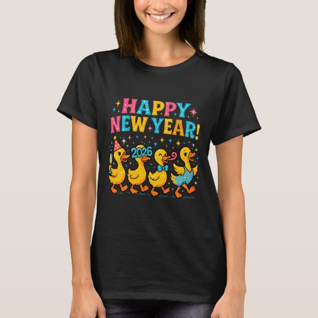 Camiseta Happy New Year 2026 Cute Duck Party Gift Long Slee (Frente)