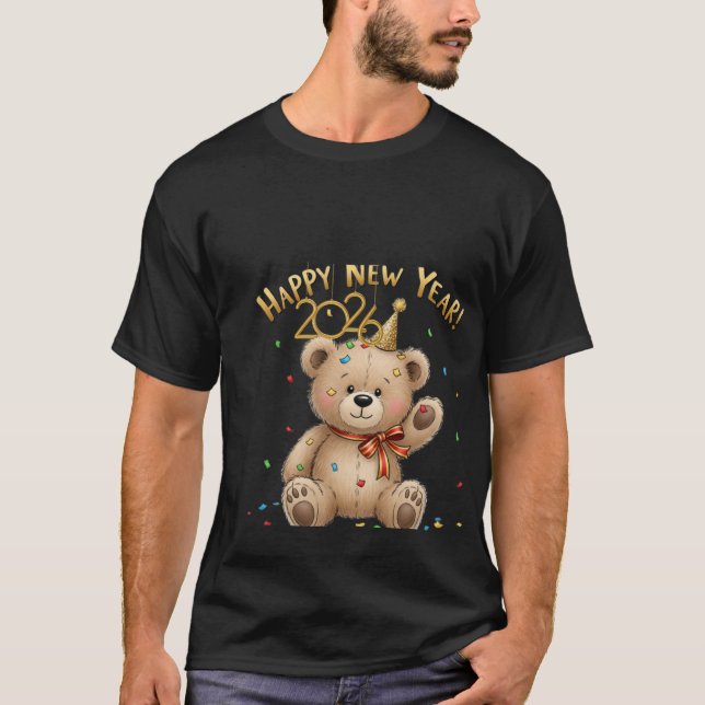 Camiseta Happy New Year 2026 Cute Teddy Bear Illustration (Frente)