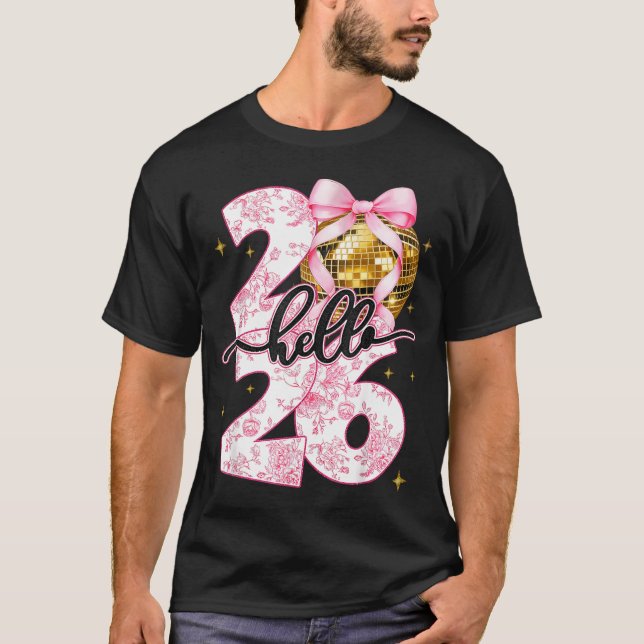 Camiseta Happy New Year 2026 Disco Ball Bow New Year's Eve  (Frente)