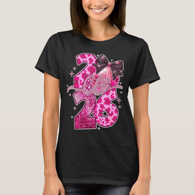 Camiseta Happy New Year 2026 Disco Ball Bow New Year's Eve  (Frente)