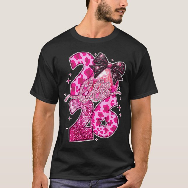 Camiseta Happy New Year 2026 Disco Ball Bow New Year's Eve  (Frente)