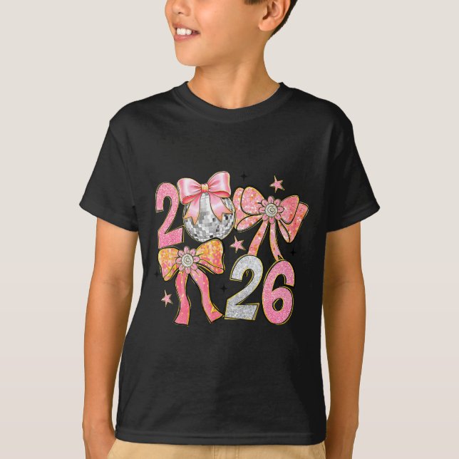 Camiseta Happy New Year 2026 Disco Ball Coquette Bow New Ye (Frente)