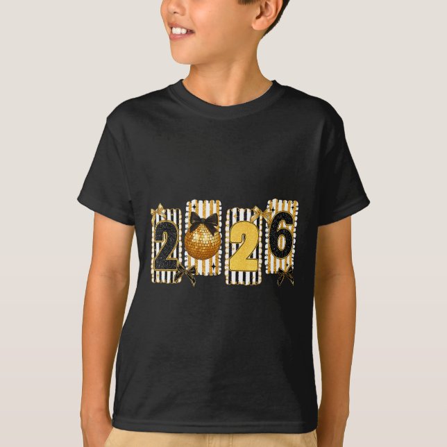 Camiseta Happy New Year 2026 Disco Ball Gold Coquette Bow F (Frente)
