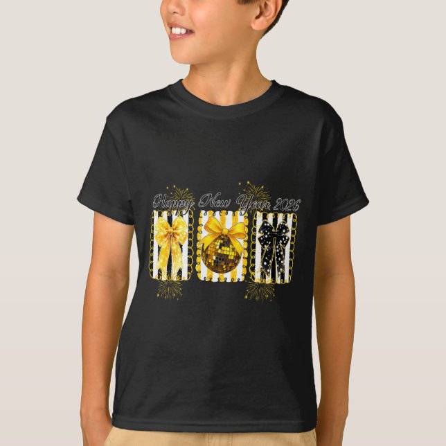 Camiseta Happy New Year 2026 Disco Ball Gold Coquette Bow F (Frente)