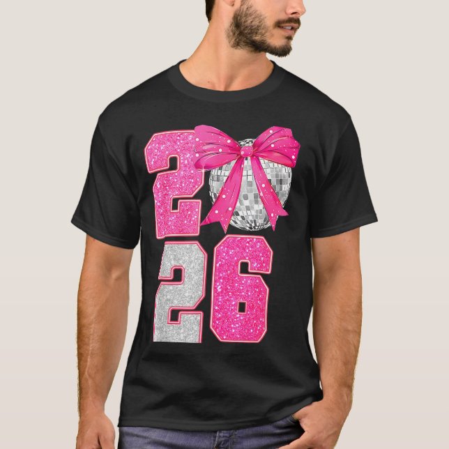 Camiseta Happy New Year 2026 Disco Ball Nk Coquette Bow Fam (Frente)