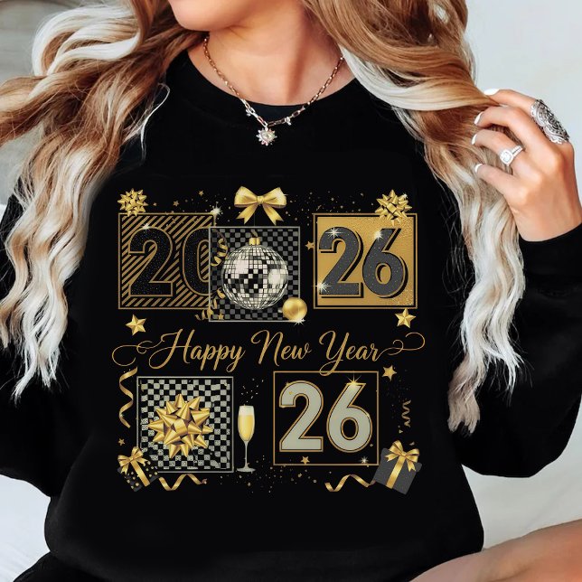 Camiseta Happy New Year 2026 Gold Glitter Celebration (Criador carregado)