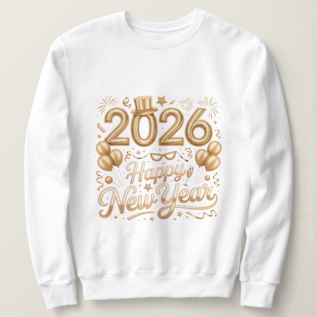 Camiseta Happy New Year 2026 Gold Lettering T‑Shirt with Ba (Frente do Design)