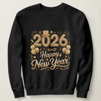 Camiseta Happy New Year 2026 Gold Lettering T‑Shirt with Ba
