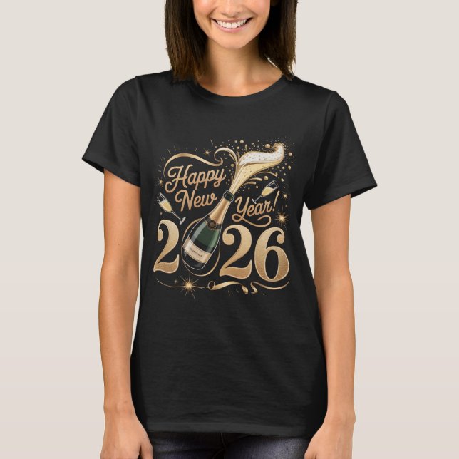 Camiseta Happy New Year 2026 Shirt Champagne Popping NYE Ev (Frente)