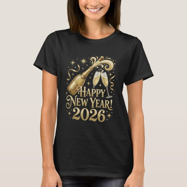 Camiseta Happy New Year 2026 Shirt Champagne Popping NYE Ev (Frente)