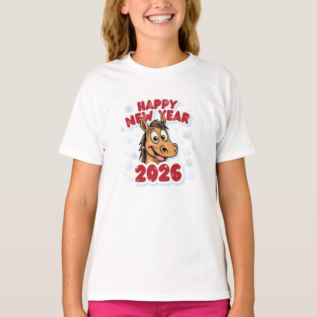 Camiseta Happy New Year 2026: Year of the Horse Mascot (Frente)
