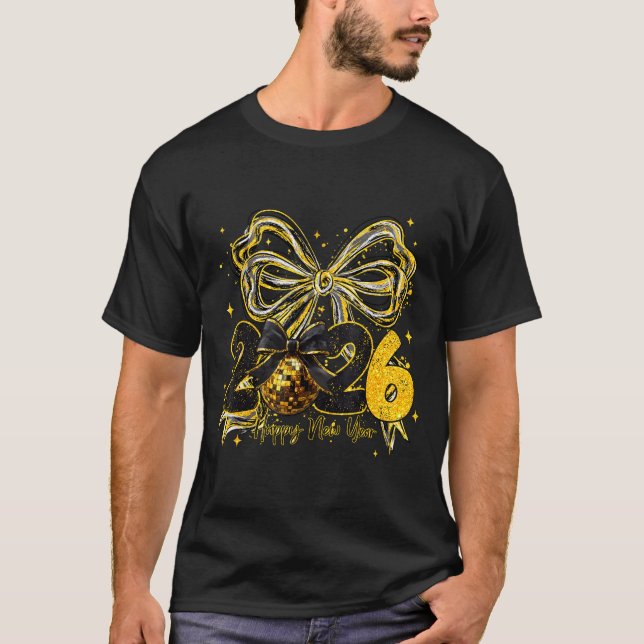 Camiseta Happy New Year Cute Gold Disco Ball Bow New Year's (Frente)
