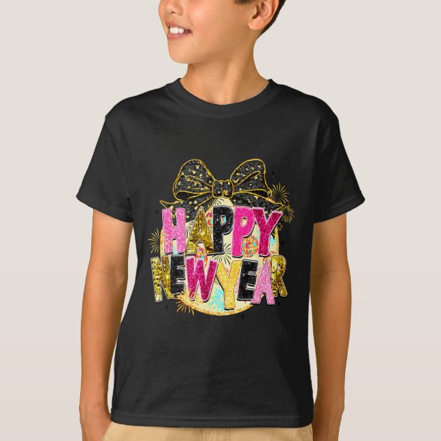 Camiseta Happy New Year Disco Ball Coquette Bow New Years E (Frente)