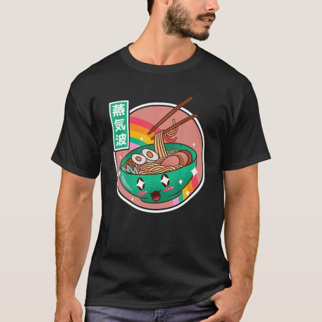 Camiseta Happy Ramen Bowl Rainbow Japão Estilo Otaku Vaporw (Frente)