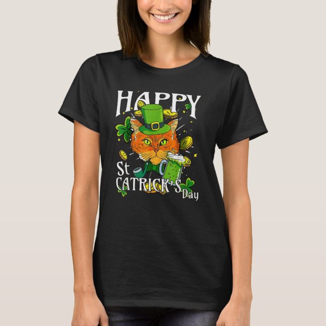 Camiseta Happy St Catrick Patricks Day Lucky Cat Shamrock B (Frente)