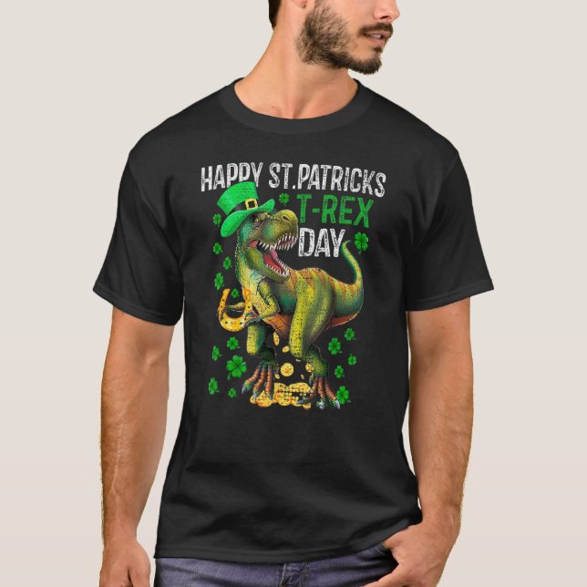 Camiseta Happy St PaT Rex Dinosaur Saint Patrick's Day Boys (Frente)