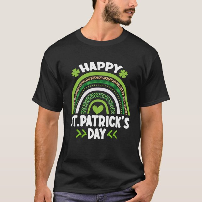 Camiseta Happy St Patrick s Day Leopard Print Rainbow Shamr (Frente)