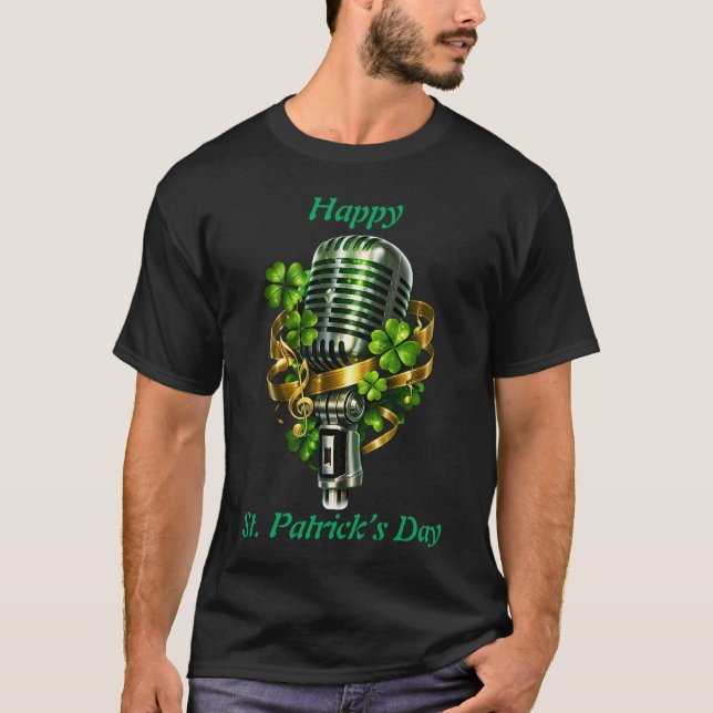 Camiseta Happy St. Patrick’s Day Shamrock & Microphone (Frente)