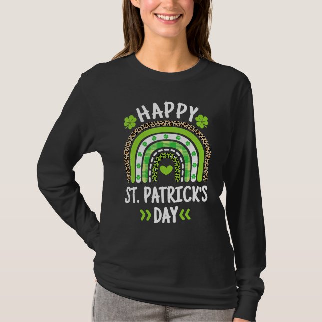 Camiseta Happy St Patricks Day Leopard Print Rainbow Shamro (Frente)