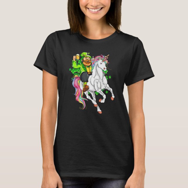 Camiseta Happy St Patricks Day Leprechaun Riding Unicorn (Frente)