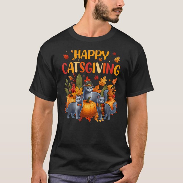 Camiseta Happy Thanksgiving Cat Three Cute Russian Blue Cat (Frente)