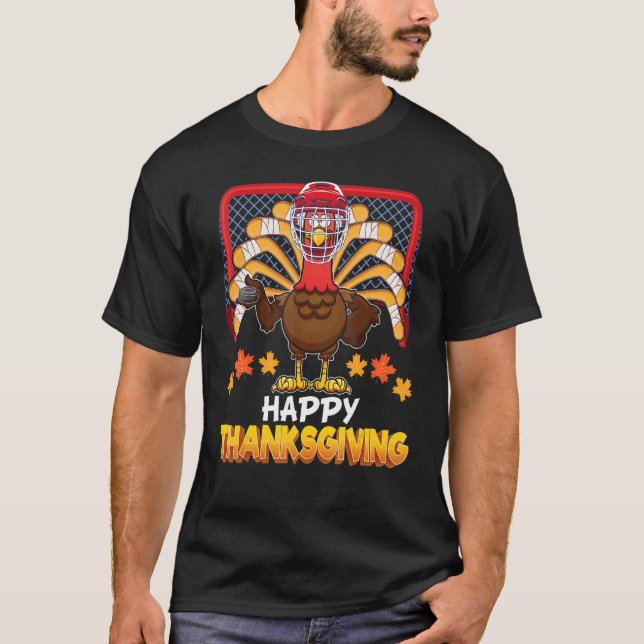 Camiseta Happy Thanksgiving Day Turkey Playing Hockey Famil (Frente)
