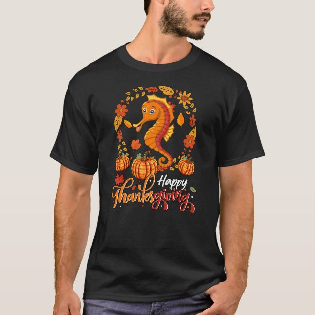 Camiseta Happy Thanksgiving Seahorse In Leaves Pumpkins Flo (Frente)