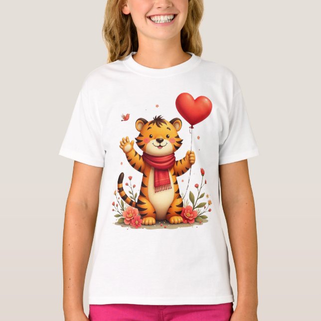 Camiseta Happy Tiger Holding A Heart Balloon (Frente)