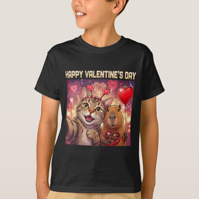 Camiseta Happy Valentines 2026 Cute Cat Capybara Party Art  (Frente)