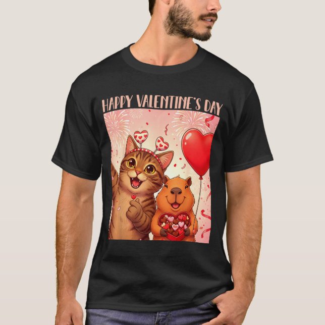 Camiseta Happy Valentines 2026 Cute Cat Capybara Party Art  (Frente)