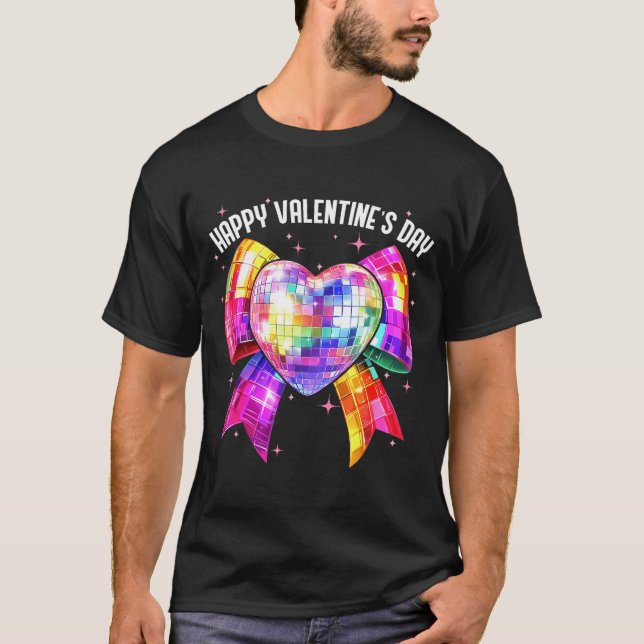 Camiseta Happy Valentine's Day Coquette Disco Ball Heart Gi (Frente)