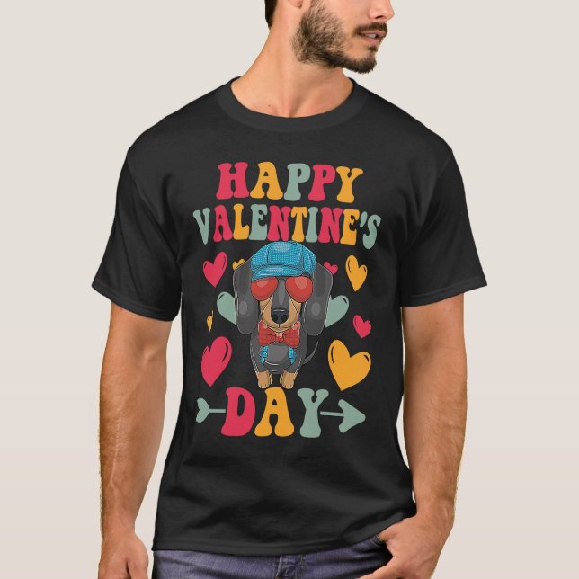 Camiseta Happy Valentines Day Dachshund Heart Love Groovy (Frente)