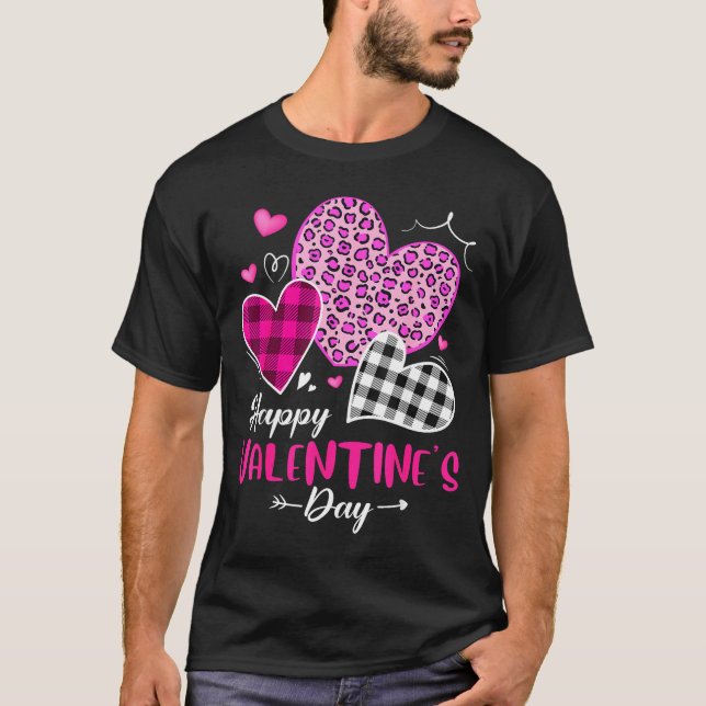 Camiseta Happy Valentine's Day Leopard And Plaid Hearts Gir (Frente)