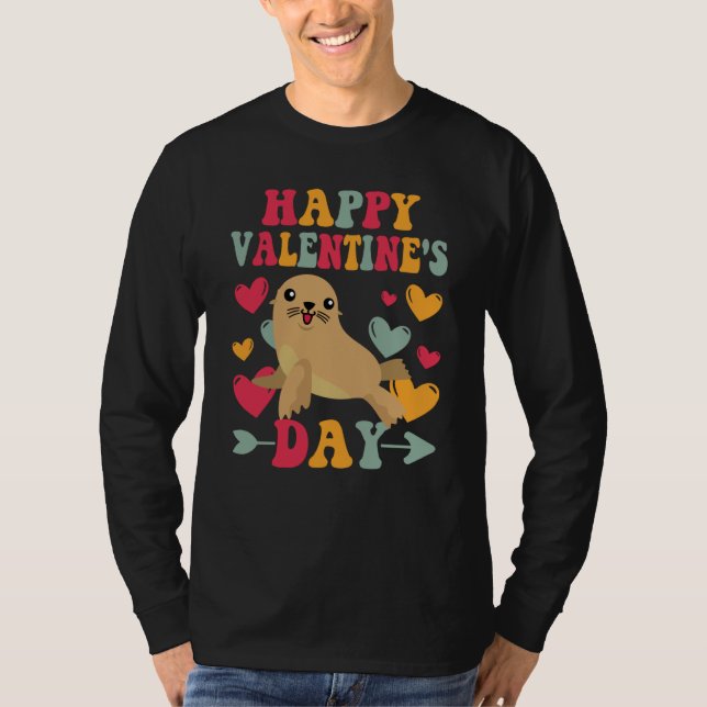 Camiseta Happy Valentines Day Sea Lion Heart Love Groovy (Frente)