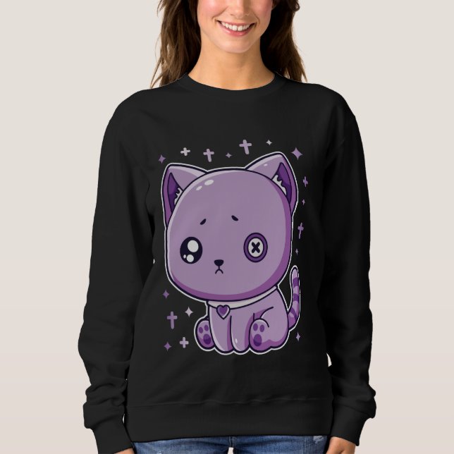 Camiseta Harajuku Gothic Creepy Sad Purple Cat Novelty Kawa (Frente)