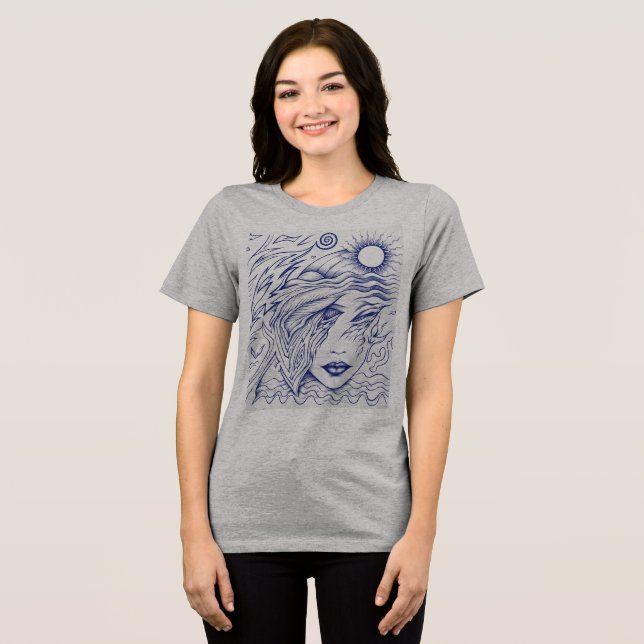 Camiseta Harmonia Celestial: Retrato em Arte de Linha com T (Frente Completa)