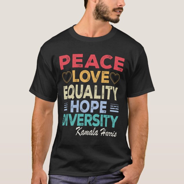 Camiseta Harris Peace Love Igualdade Esperam Retro da Diver (Frente)