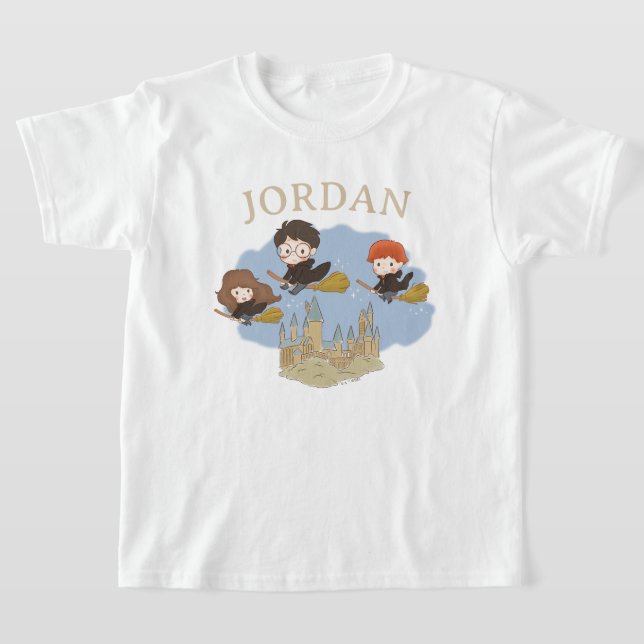 Camiseta HARRY POTTER™, Hermione e Ron Voando Sobre HOGWART (Postura )